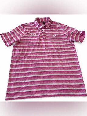 Adidas Men’s Golf Polo Shirt Large Pink White Stripe Lightweight Tipsy Tabs